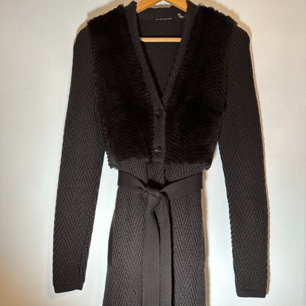 Elie Tahari Wool/Fur Long Belted Sweater View 4